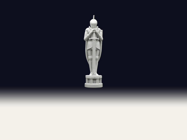 A carved guard crossing out of the dark onto the light as the ring lights beneath it