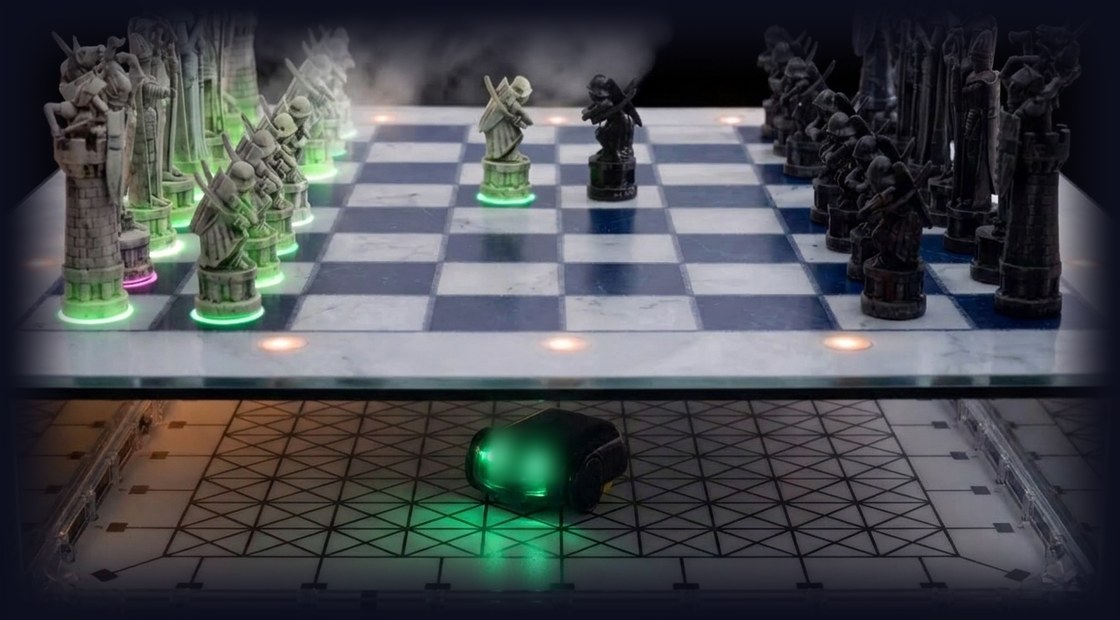 A cutaway of the board: the marble playing surface above, and the robot moving beneath it