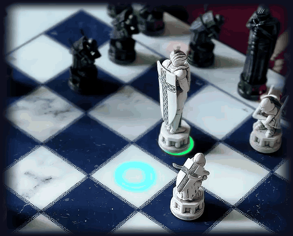 A white knight leaves the green square it is standing on, glides across the board, and settles onto the cyan one