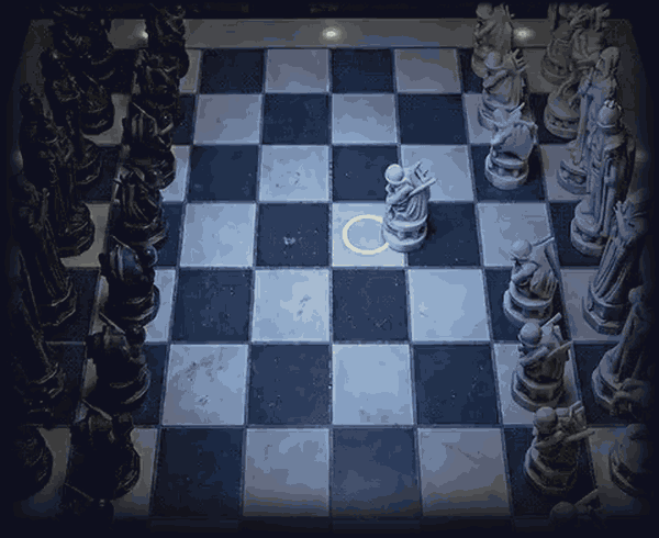 Two pieces, one after the other, cross the board on their own and settle onto lit squares