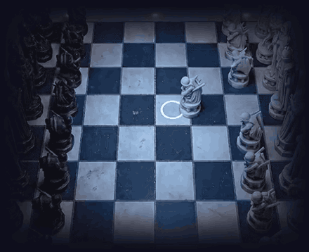 A white pawn glides across the board on its own and settles onto the lit square