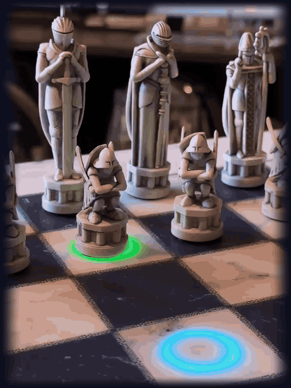 A knight leaves its lit square, crosses the board on its own, and settles onto the square that was waiting for it