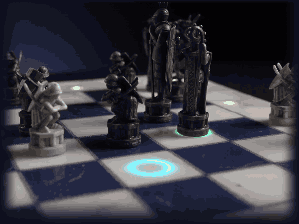 A piece crosses the board on its own, settles onto the lit square, and the ring beneath it turns green